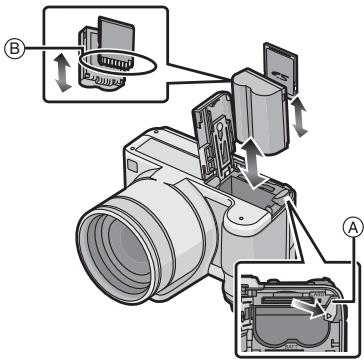 PANASONIC LUMIX DMC-FZ38 - Batterie: Introduisez la batterie jusqu'à ce qu'elle soit verrouillée par le levier Ⓐ en faisant attention au sens dans lequel vous l'introduisez. Tirez le levier Ⓐ dans le sens de la flèche pour retirer la batterie. - 1