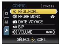 CONFIG. RÉGL.HORL. HEURE MOND. DATE VOYAGE BIP VOLUME NIVEAU 3 SÉLECT. SORT.