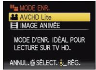MODE ENR. AVCHD Lite IMAGE ANIMÉE MODE D'ENR. IDÉAL POUR LECTURE SUR TV HD. ANNUL. SÉLECT. RÉG.