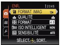 ENR. 1 2345 FORMAT IMAG 12h QUALITÉ FORMAT 4:3 ISO INTELLIGENT NON SENSIBILITÉ AUTO SÉLECT. SORT.