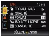 ENR. 1 2 3 4 5 FORMAT IMAG 12M QUALITÉ FORMAT 4:3 ISO ISO INTELLIGENT NON SENSIBILITÉ AUTO SÉLECT. SORT.