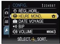 CONFIG. 1234567 RÉGL.HORL. HEURE MOND. DATE VOYAGE BIP VOLUME NIVEAU 3 SÉLECT. SORT.