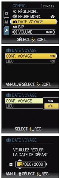 CONFIG. 1234567 RÉGL.HORL. HEURE MOND. DATE VOYAGE BIP VOLUME MMEAN3 SÉLECT. SORT. DATE VOYAGE CONF. VOYAGE NON LIEU NON ANNUL. SÉLECT. SORT. DATE VOYAGE CONF. VOYAGE NON LIEU RÉG. SÉLECT. RÉG. DATE VOYAGE VEUILLEZ RÉGLER LA DATE DE DÉPART 2/DÉC/2009 ANNUL. SÉLECT. RÉG.
