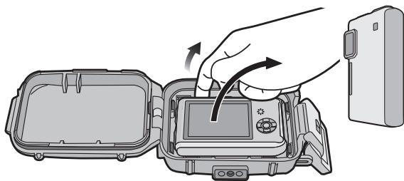 PANASONIC LUMIX DMW-MCFT3E - Abra la parte trasera del estuche para quitar laámara digital. Después de limpiarse con esmero las manos, aplique su dedo de la manera mostrada en la figura y saque fuera laámara digital. - 1