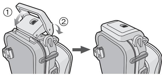 Diagram showing two steps of a device being adjusted, labeled with numbered instructions for assembly or repair.