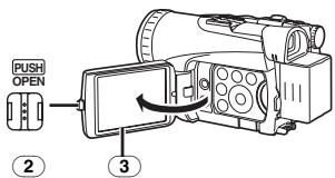 PANASONIC NV-GS120 - Appuyez sur la touche [PUSH OPEN] ② et dégagez l'écran à cristaux liquides ③ dans le sens de la flèche. - 1