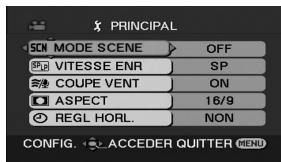 PRINCIPAL SON MODE SCENE OFF SP VITESSE ENR SP COUPE VENT ON ASPECT 16/9 REGL HORL. NON CONFIG. ACCEDER QUTTER MENU