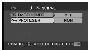 PRINCIPAL DATE/HEURE OFF PROTEGER NON CONFIG. ACCEDER QUTTER MENU