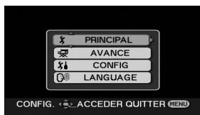 PRINCIPAL AVANCE CONFIG LANGUAGE CONFIG. ACCEDER QUITTER MENU