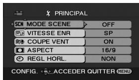 PRINCIPAL SCN MODE SCENE OFF SPV VITESSE ENR SP COUPE VENT ON ASPECT 16/9 REGL HORL. NON CONFIG. ACCEDER QUTTER MENU