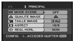 PRINCIPAL SCN MODE SCENE OFF QUALITE IMAGE TAILLE IMAGE 2.4 ASPECT 16/9 REGL HORL. NON CONFIG. ACCEDER QUTTER MEND
