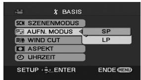 BASIS 5CN SZENENMODUS AUFN. MODUS SP WIND CUT LP ASPEKT UHRZEIT SETUP ENTER ENDE MENU