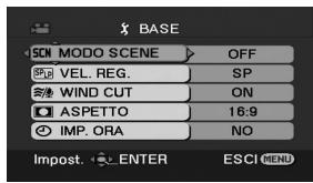 BASE SCN MODO SCENE OFF SPV VEL. REG. SP WIND CUT ON ASPETTO 16:9 IMP. ORA NO Impost. ENTER ESCI MENU