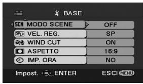 BASE SCN MODO SCENE OFF SPV VEL. REG. SP WIND CUT ON ASPETTO 16:9 IMP. ORA NO Impost. ENTER ESCI MENU