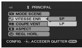 PRINCIPAL SCN MODE SCENE VITESSE ENR SP COUPE VENT LP ASPECT REGL HORL. CONFIG. ACCEDER QUTTER MENU
