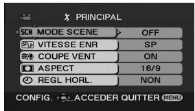 PRINCIPAL SCN MODE SCENE OFF SP VITESSE ENR SP COUPE VENT ON ASPECT 16/9 REGL HORL. NON CONFIG. ACCEDER QUTTER MENU