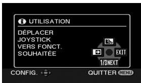 UTILISATION DEPLACER JOYSTICK VERS FONCT. SOUHAITÉE EXIT 1/3NEXT CONFIG. QUITTER MENU