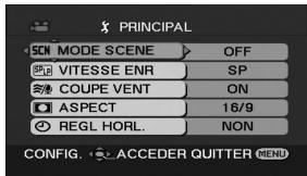 PRINCIPAL SCN MODE SCENE OFF SP C VITESSE ENR SP COUPE VENT ON ASPECT 16/9 REGL HORL. NON CONFIG. ACCEDER QUTTER MENU
