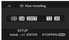 Klok instelling 01 04 2007 12 30 SETUP Instel. ENTER STOPPEN MENU