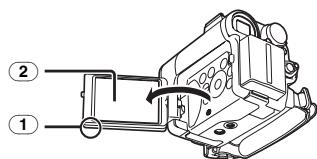 PANASONIC PV-GS33PP - Using your Thumb on the [OPEN▼] Knob ① and pull the LCD Monitor ② out in the direction of the arrow. - 1