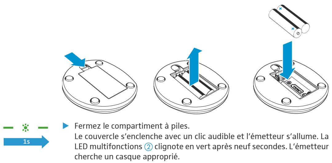SENNHEISER RS 160 - Insérer et changer les accus ou piles de l'émetteur - 1