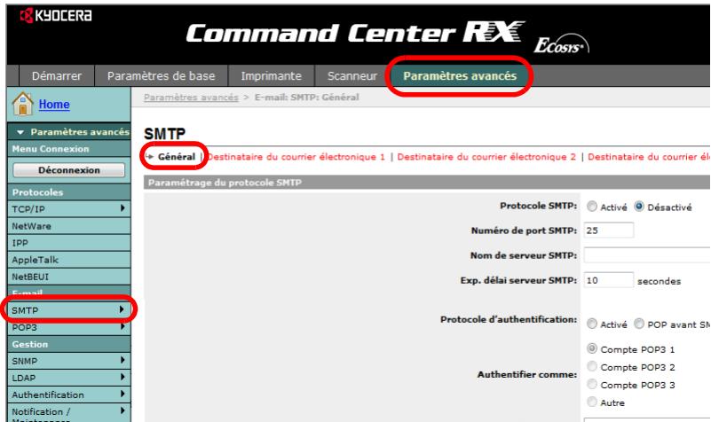 KYOCERA FS-4300DN - Cliquer sur Paramètres -> Paramètres avancés -> SMTP -> Général. - 1