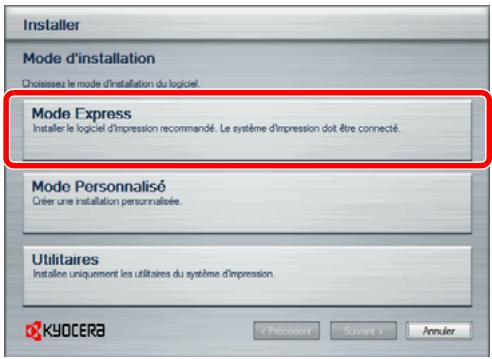 Installer Mode d'installation Choisisez le mode d'installation du logiciel. Mode Express Installer le logiciel d'impression recommandé. Le système d'impression doit être connecté. Mode Personnalisé Créer une installation personnalisée. Utilitaires Installée uniquement les utilitaires du système d'impression. KYOCERA < Pécident Suvent > Arruler