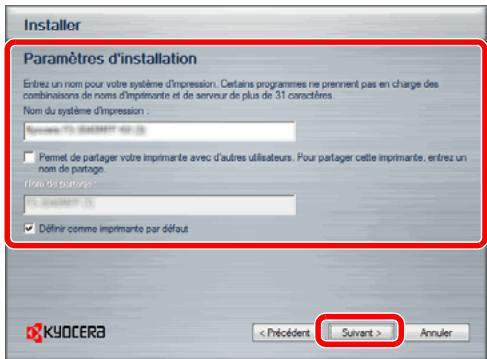 Installer Paramètres d'installation Entrez un nom pour votre système d'impression. Certains programmes ne prennent pas en charge des combinaisons de noms d'imprimante et de serveur de plus de 31 correctères. Nom du système d'impression : Presse 12: 000000000 (2) Permet de partager votre imprimante avec d'autres utilisateurs. Pour partager cette imprimante, entre un nom de partager. Nom de partager: 000000000 (2) Définir comme imprimante par défaut < Précédent : Suivant > Annuler KYOCERA