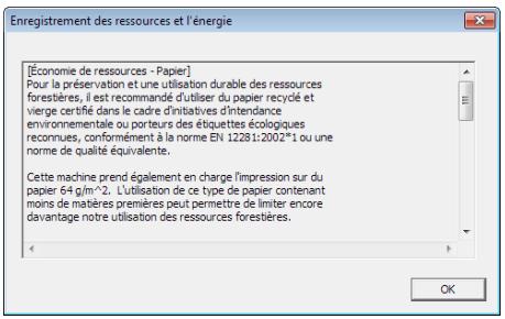 [Économie de ressources - Papier] Pour la préservation et une utilisation durable des ressources forestères, il est recommandé d'utiliser du papier recyclé et vierge certifié dans le cadre d'initiatives d'intendance environnementale ou porteurs des étiquettes écologiques reconnuées, conformément à la norme EN 12281:2002*1 ou une norme de qualité équivalente. Cette machine prend également en charge l'impression sur du papier 64 g/m^2. L'utilisation de ce type de papier contenant moins de matières premières peut permettre de limiter encore davantage notre utilisation des ressources forestières.