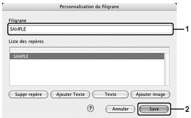 EPSON ACULASER C3800DTN, ACULASER C3800N, ACULASER C3800DN - Cliquez sur la zone de texte pour ouvrir la boîte de dialogue Saisie de texte. Saisissez le filigrane, puis cliquez sur OK pour fermer la boîte de dialogue. Sélectionnez la police et le style, puis cliquez sur OK dans la boîte de dialogue Modifier le texte. - 2