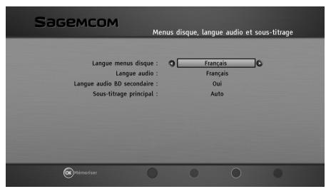 SAGEMCOM PACK BPRSI88-250 HD TNTSAT - Menu disque, langue audio et sous-titrage - 1