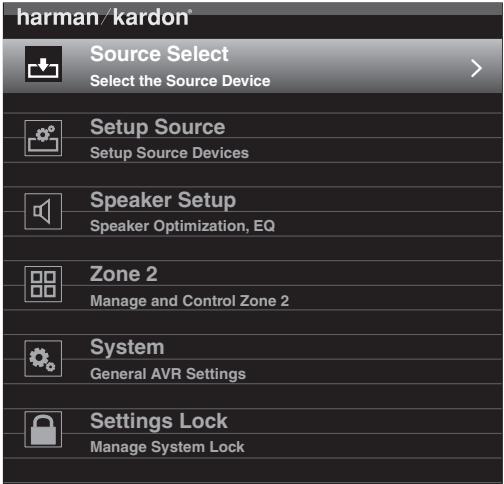 HARMAN KARDON AVR 270 JBL CINEMA 610 - Utilisation du système de menus à l'écran - 1