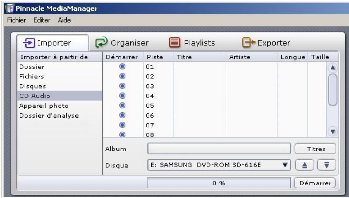 PINNACLE MEDIAMANAGER - Insérer un CD et sélectionner le lecteur - 1