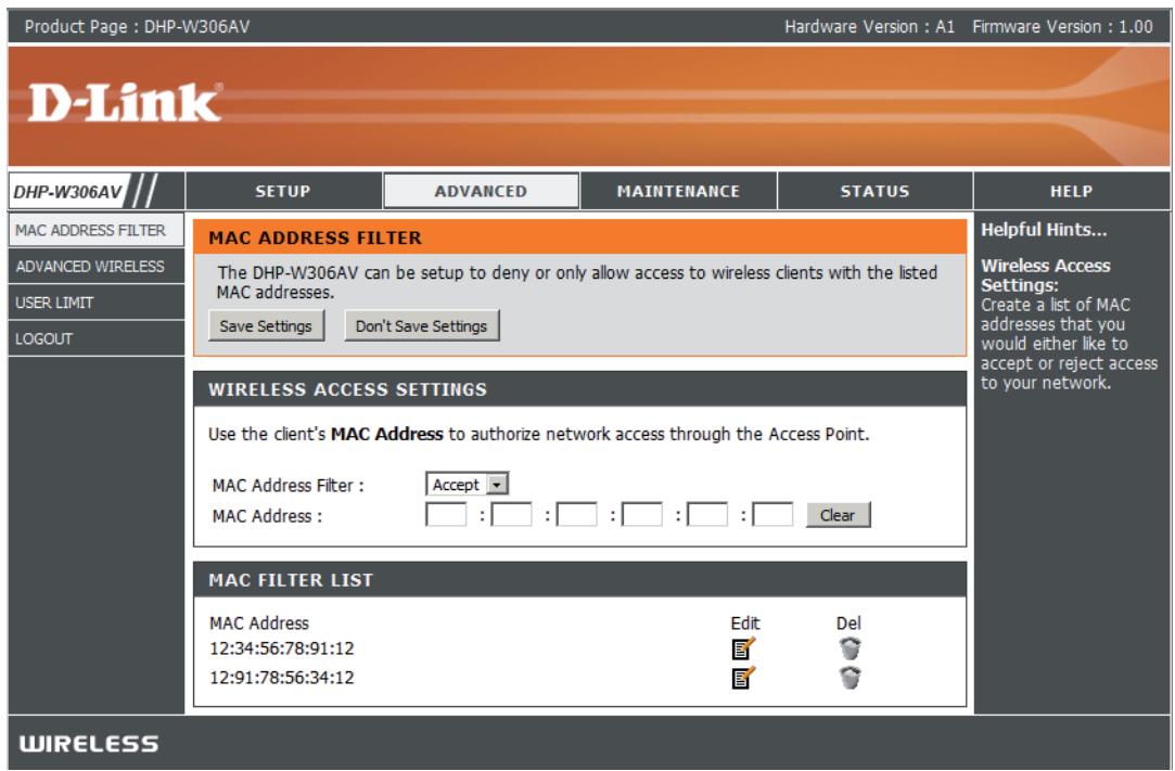 D-LINK DHP-W311AV - Filtre d'adresse MAC - 1