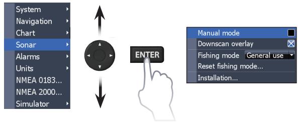 LOWRANCE ELITE 7 HDI - Accessing menu items - 1