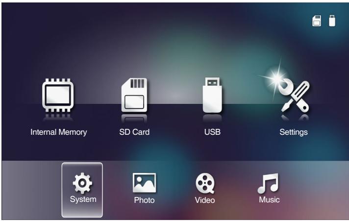 OPTOMA ML750ST - Multi-Media SETTINGS for System, USB, MicroSD, and Internal Memory - 1