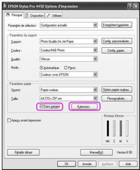 EPSON STYLUS PRO 4450, STYLUS PRO 4880 - Sélectionnez Sans marges et cliquez sur Expansion. - 1
