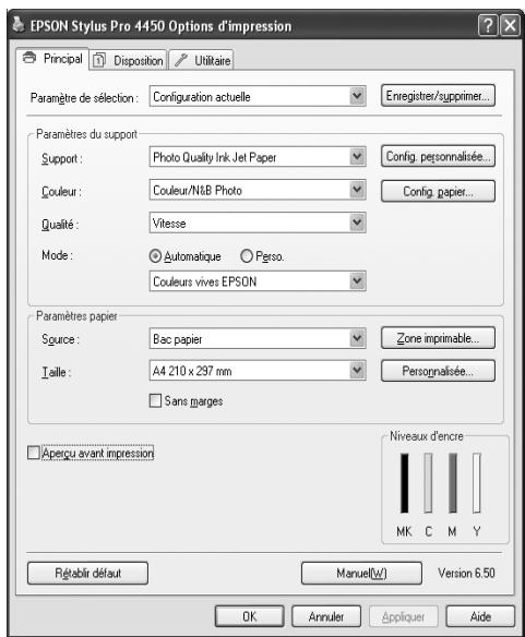 EPSON STYLUS PRO 4450, STYLUS PRO 4880 - Définition des paramètres du pilote d'impression - 1