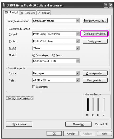 EPSON STYLUS PRO 4450, STYLUS PRO 4880 - Cliquez sur Config. personnalisée. - 1