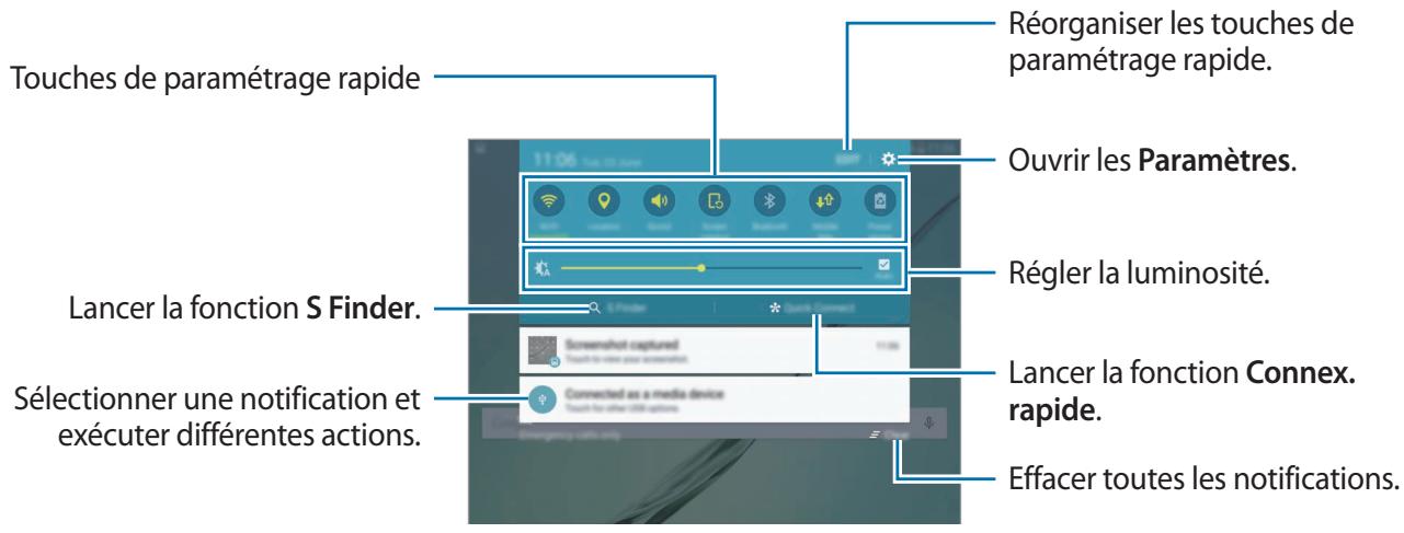 Touches de paramétrage rapide Lancer la fonction S Finder. Sélectionner une notification et exécuter différentes actions. Réorganiser les touches de paramétrage rapide. Ouvrir les Paramètres. Régler la luminosité. Lancer la fonction Connex. rapide. Effacer toutes les notifications.