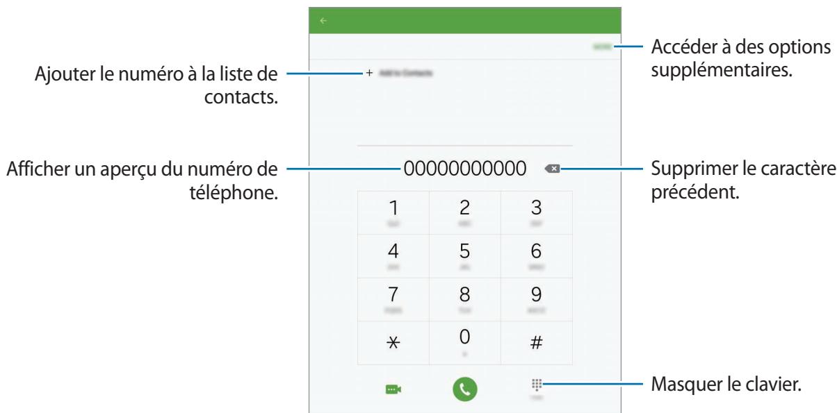 Ajouter le numéro à la liste de contacts. Accéder à des options supplémentaires. Afficher un aperçu du numéro de téléphone. 00000000000 Supprimer le caractère précédent. 1 2 3 4 5 6 7 8 9 * 0 # Masquer le clavier.