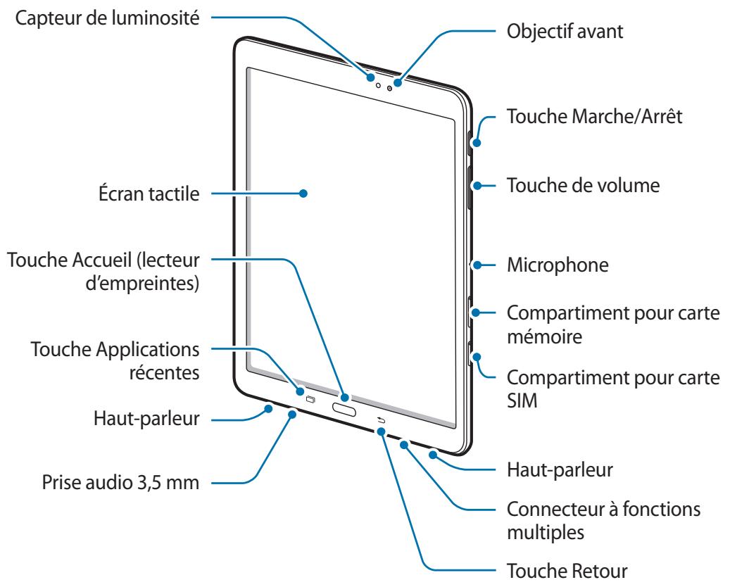 Capteur de luminosité Écran tactile Touche Accueil (lecteur d'empreintes) Touche Applications récentes Prise audio 3,5 mm Haut-parleur Objectif avant Touche Marche/Arrêt Touche de volume Microphone Compartiment pour carte mémoire Compartiment pour carte SIM Haut-parleur Connecteur à fonctions multiples Touche Retour