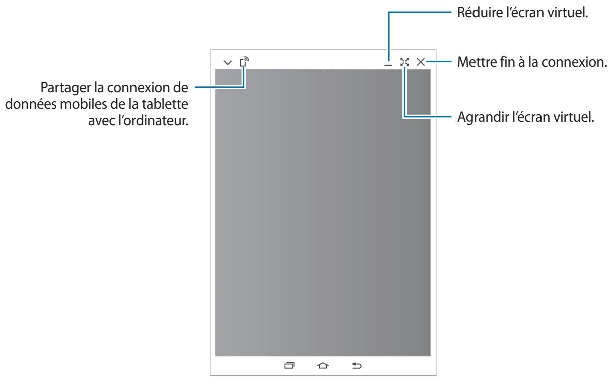 Partager la connexion de données mobiles de la tablette avec l'ordinateur. Réduire l'écran virtuel. Mettre fin à la connexion. Agrandir l'écran virtuel.