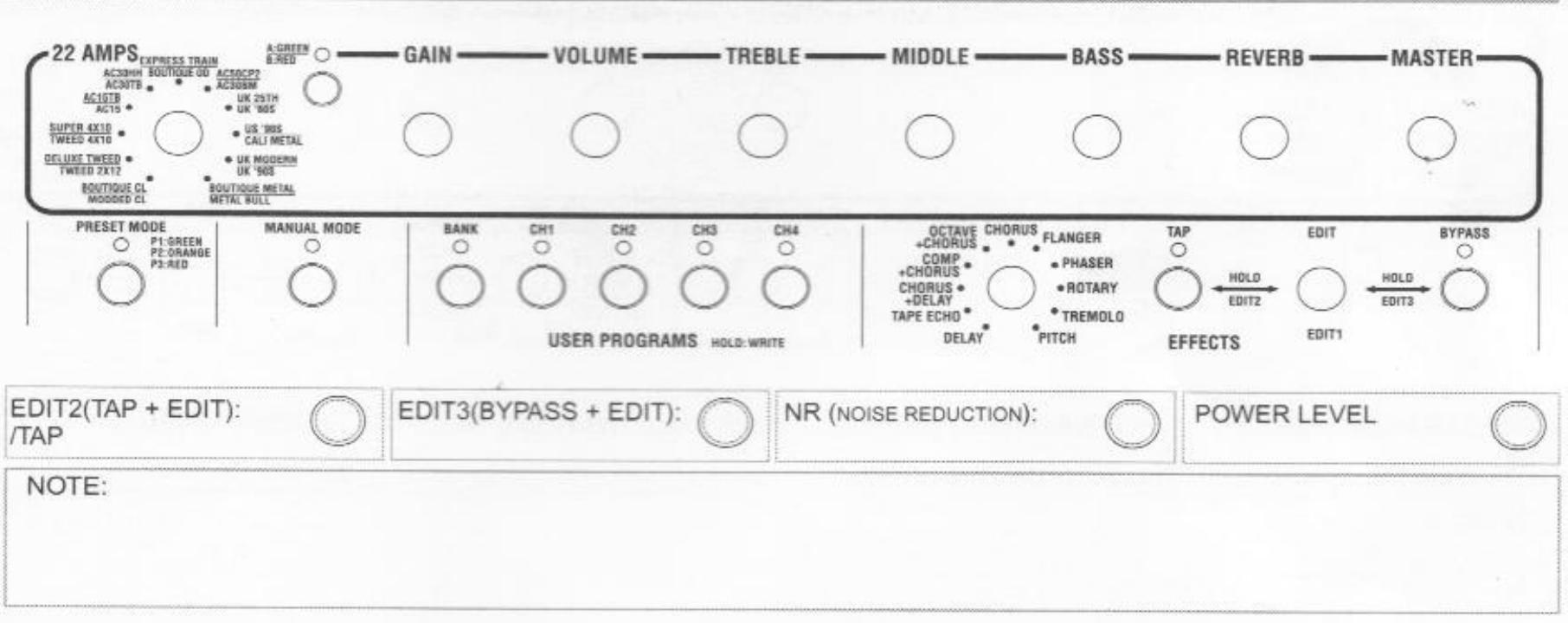 VOX VALVETRONIX VT30 - Feuille de programmes - 1
