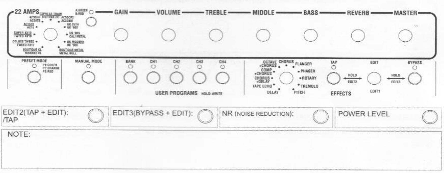 VOX VALVETRONIX VT50 - Feuille de programmes - 1