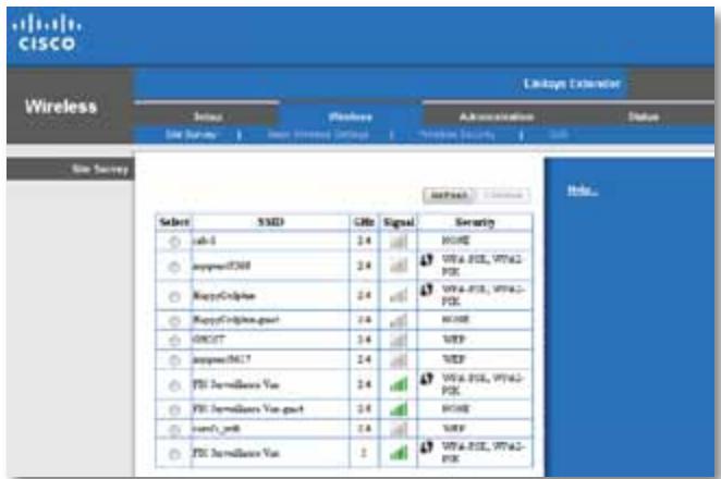 LINKSYS RE 1000 - To open the Site Survey page: - 1