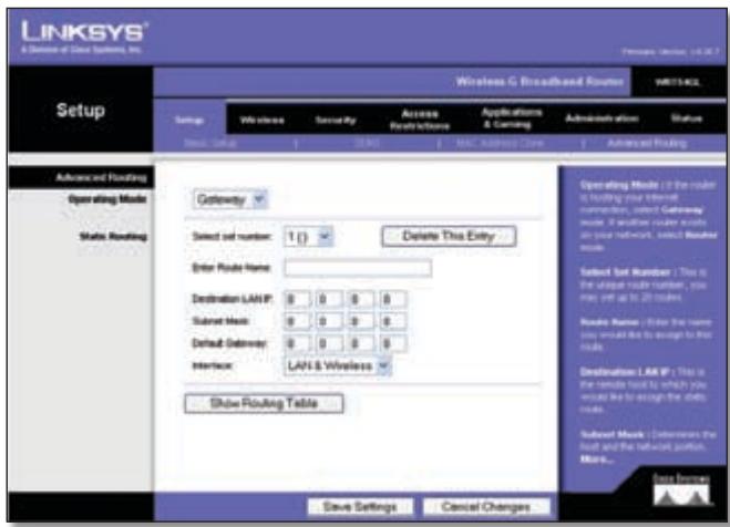 LINKSYS WRT54GL - Setup > Advanced Routing - 1