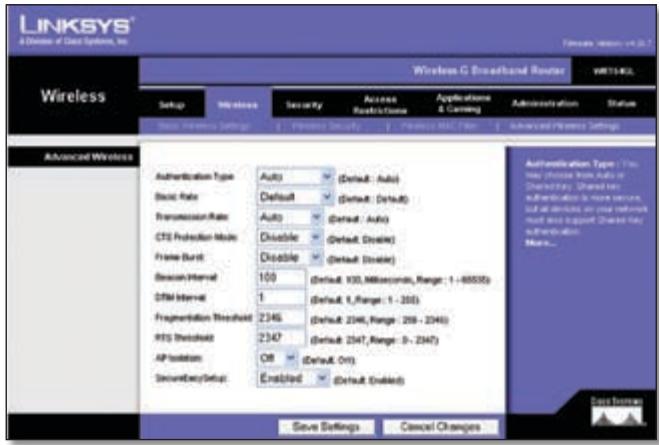 LINKSYS WRT54GL - Wireless > Advanced Wireless Settings - 1