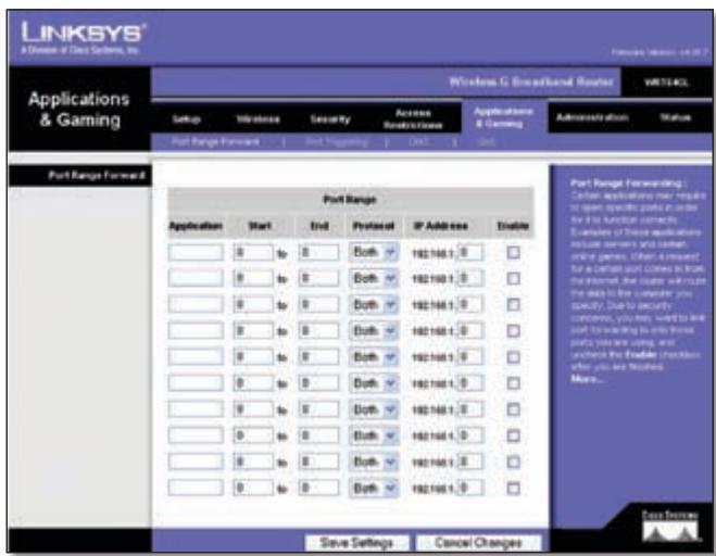 LINKSYS WRT54GL - Applications and Gaming > Port Range Forward - 1