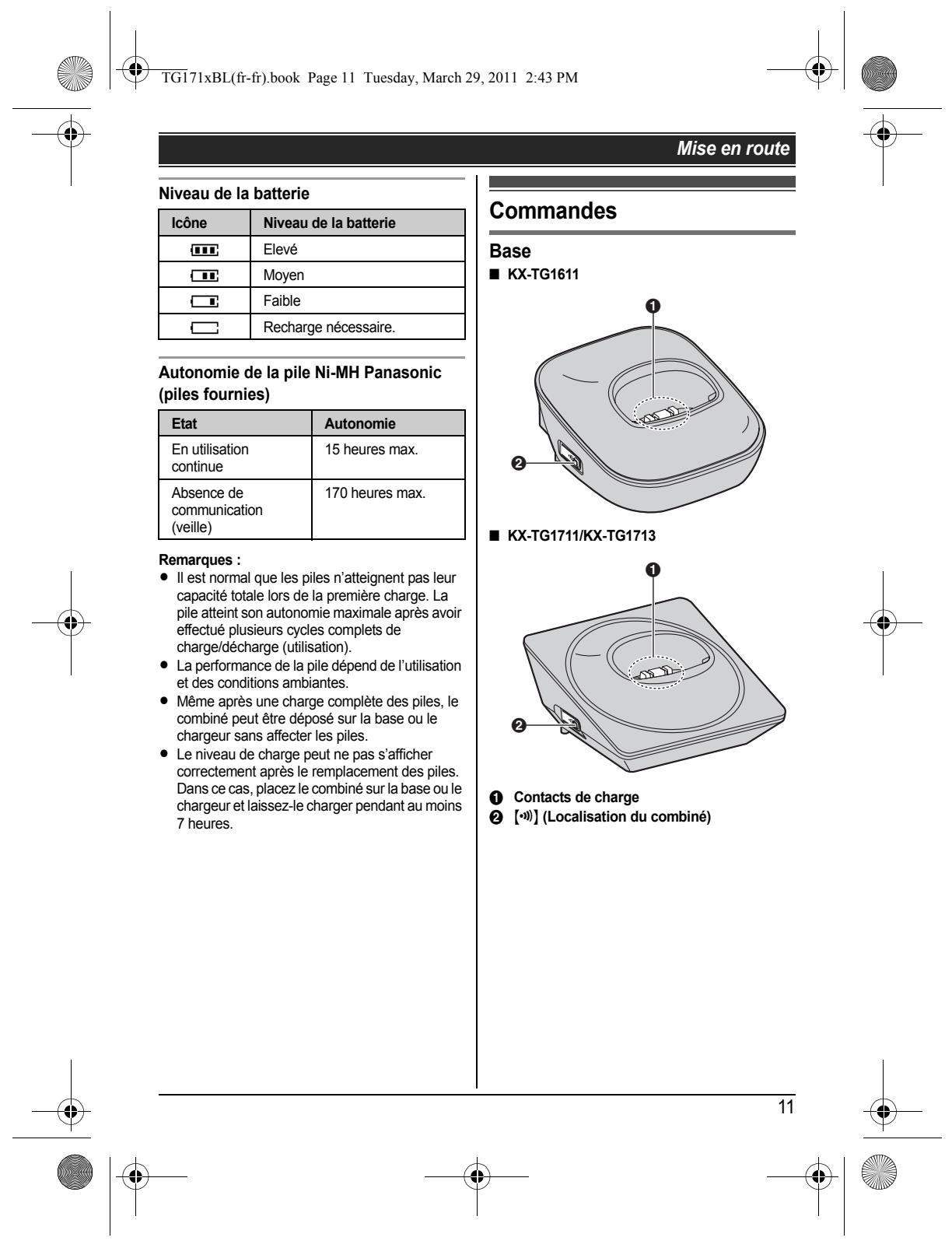 PANASONIC KX-TG1611 - Note relative à la charge des piles - 8